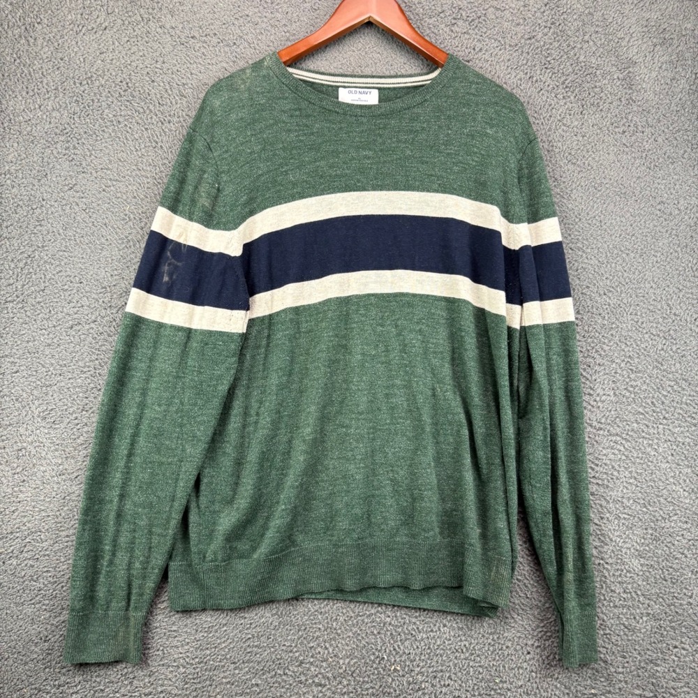 Old Navy Mens XL Sweater Green Navy White Striped Crew Neck Long Sleeve Pullover